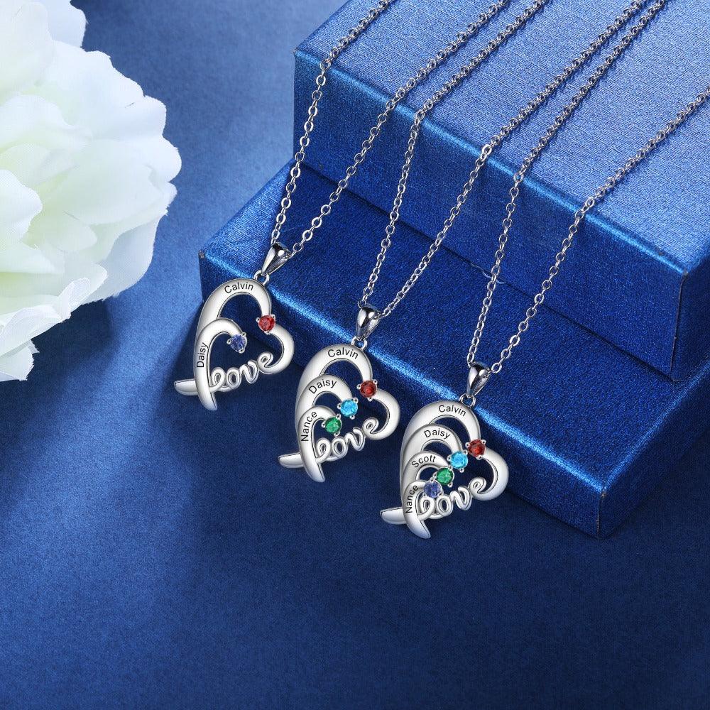 Personalized Heart Love Silver Pendant Necklace - Three Custom Names & Birthstones - Personalized Jewel