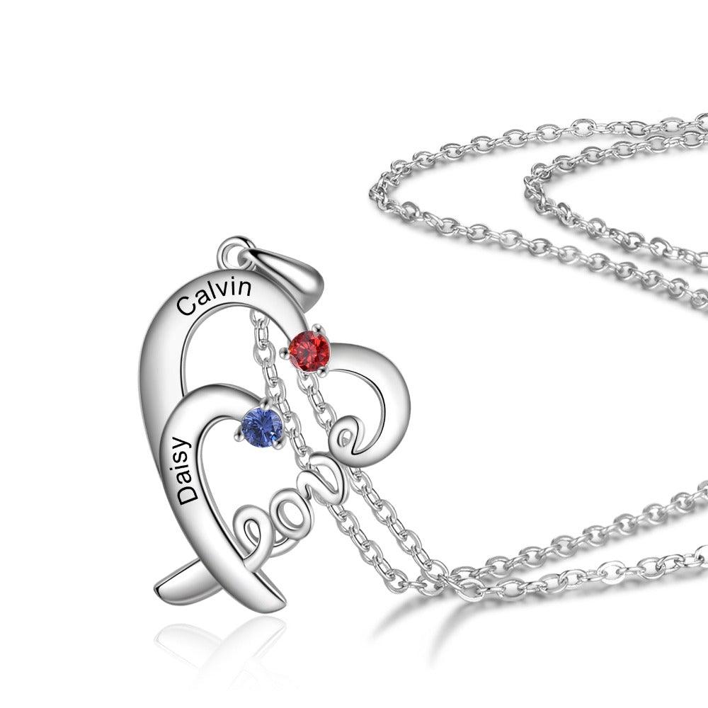 Personalized Heart Love Silver Pendant Necklace - Two Custom Names & Birthstones - Personalized Jewel