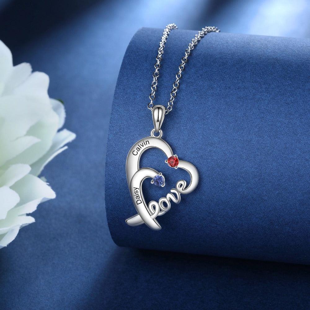 Personalized Heart Love Silver Pendant Necklace - Two Custom Names & Birthstones - Personalized Jewel