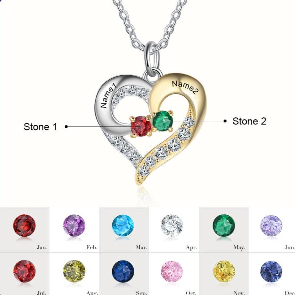 Personalized Heart Silver & Gold Pendant Necklace - Two Custom Names & Birthstones - Personalized Jewel