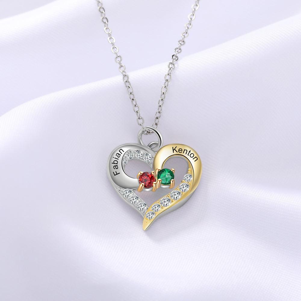 Personalized Heart Silver & Gold Pendant Necklace - Two Custom Names & Birthstones - Personalized Jewel