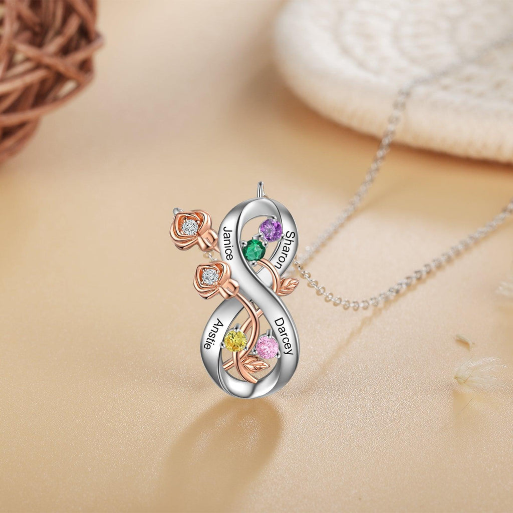 Personalized Infinity Roses Silver Pendant Necklace - Four Custom Name & Birthstone - Personalized Jewel