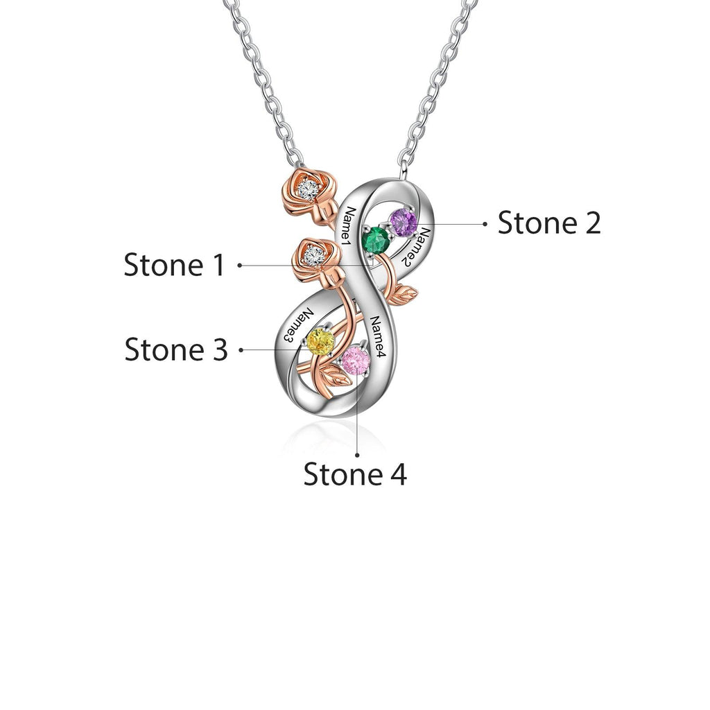 Personalized Infinity Roses Silver Pendant Necklace - Four Custom Name & Birthstone - Personalized Jewel