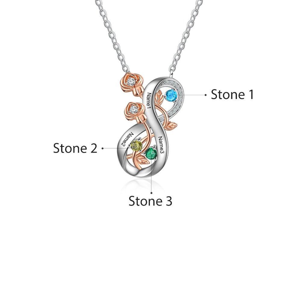 Personalized Infinity Roses Silver Pendant Necklace - Three Custom Name & Birthstone - Personalized Jewel