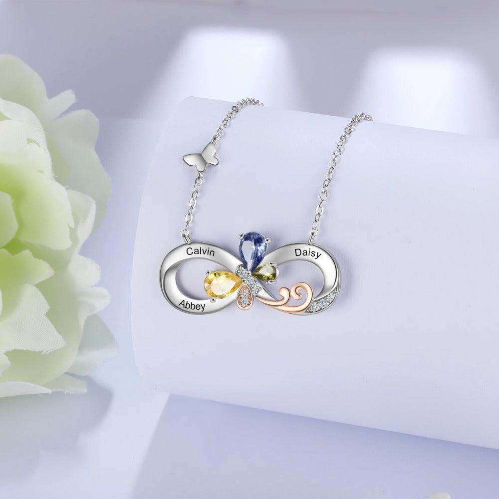 Personalized Infinity Silver Pendant Necklace - Three Custom Names & Birthstones - Personalized Jewel