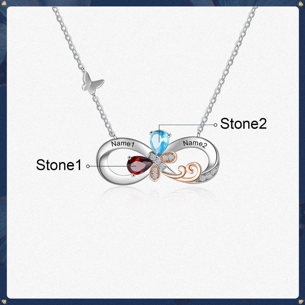 Personalized Infinity Silver Pendant Necklace - Two Custom Names & Birthstones - Personalized Jewel