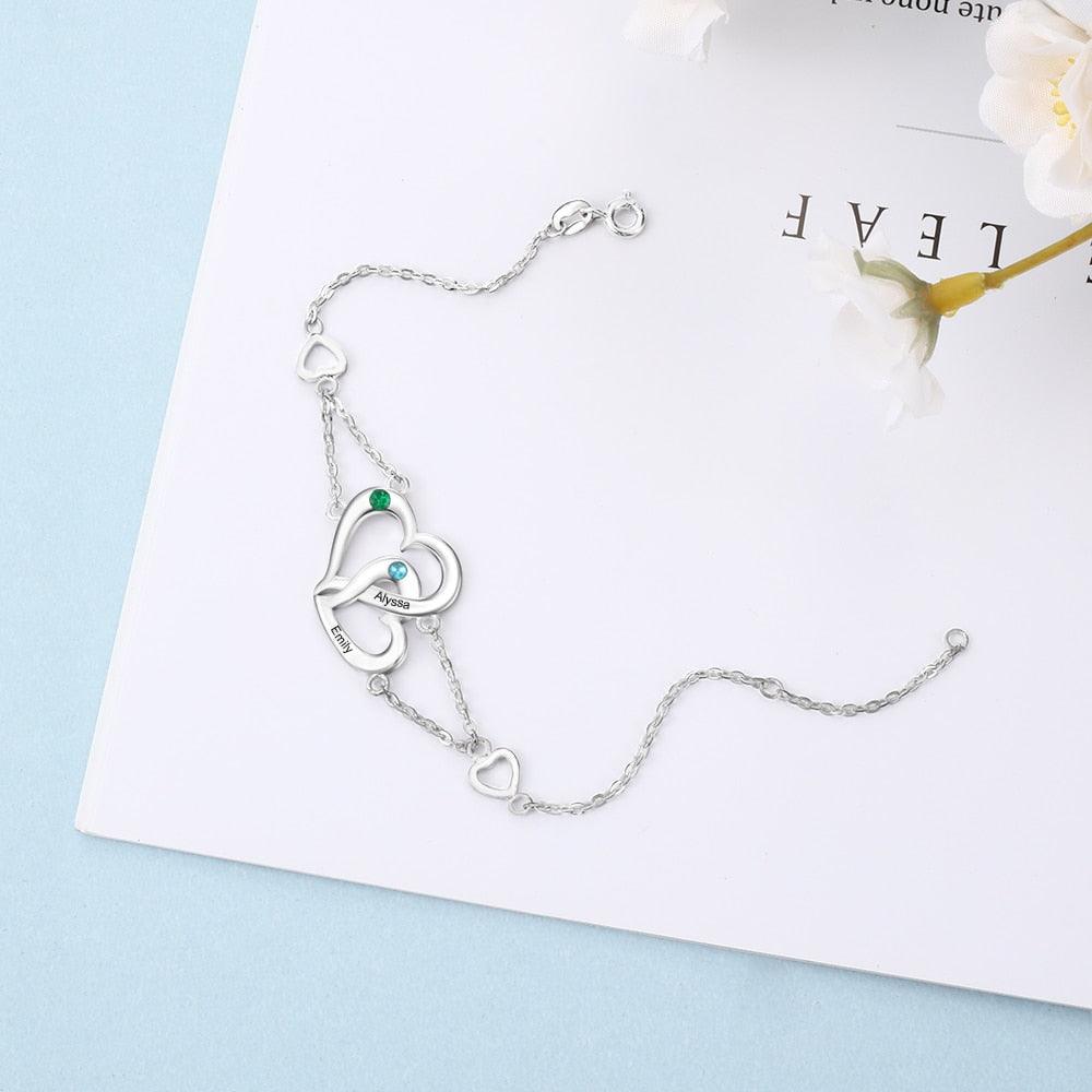 Personalized Intertwined Heart Custom Bracelet for Women with Name Engraved & Birthstone, Lovers Gift Bracelet - Personalized Jewel