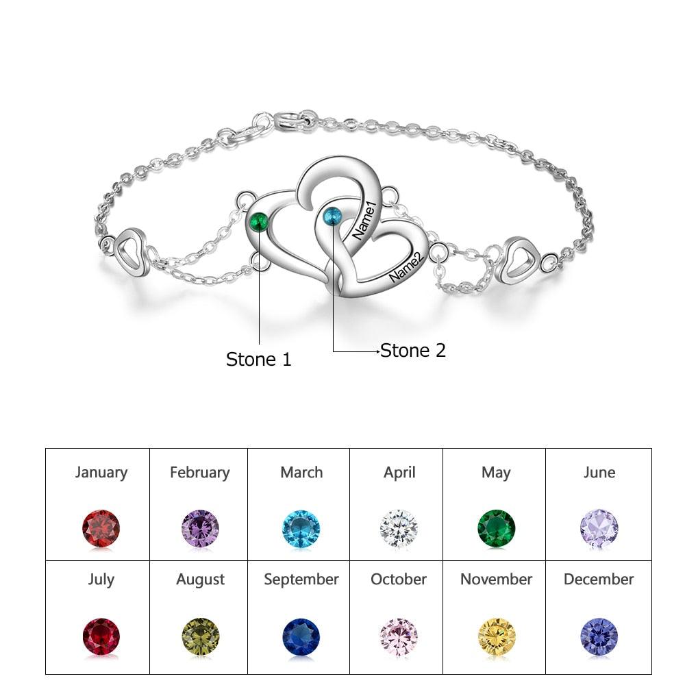 Personalized Intertwined Heart Custom Bracelet for Women with Name Engraved & Birthstone, Lovers Gift Bracelet - Personalized Jewel