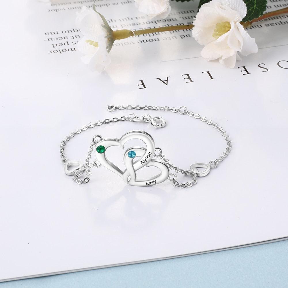 Personalized Intertwined Heart Custom Bracelet for Women with Name Engraved & Birthstone, Lovers Gift Bracelet - Personalized Jewel