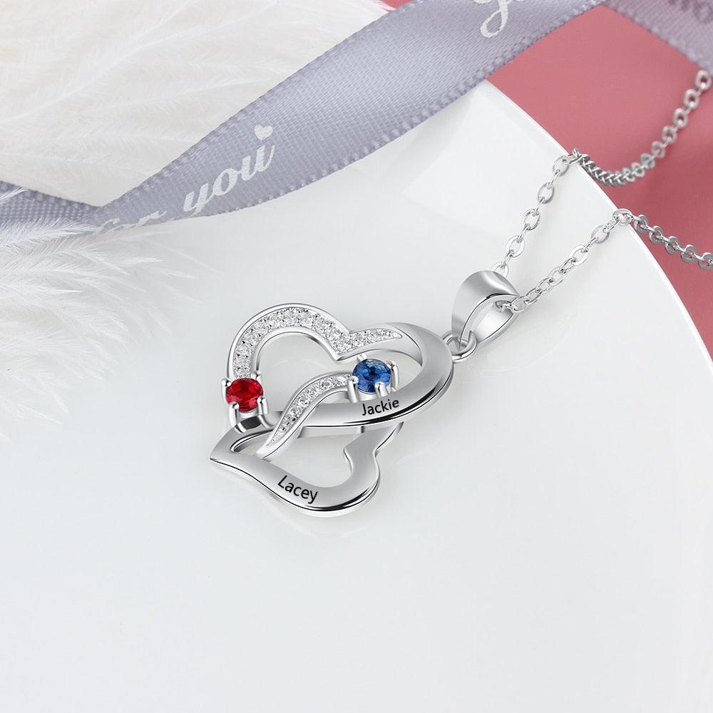 Personalized Intertwined Heart Pendant Necklace with 2 Birthstones and Name Engravings Jewelry for Women - Personalized Jewel