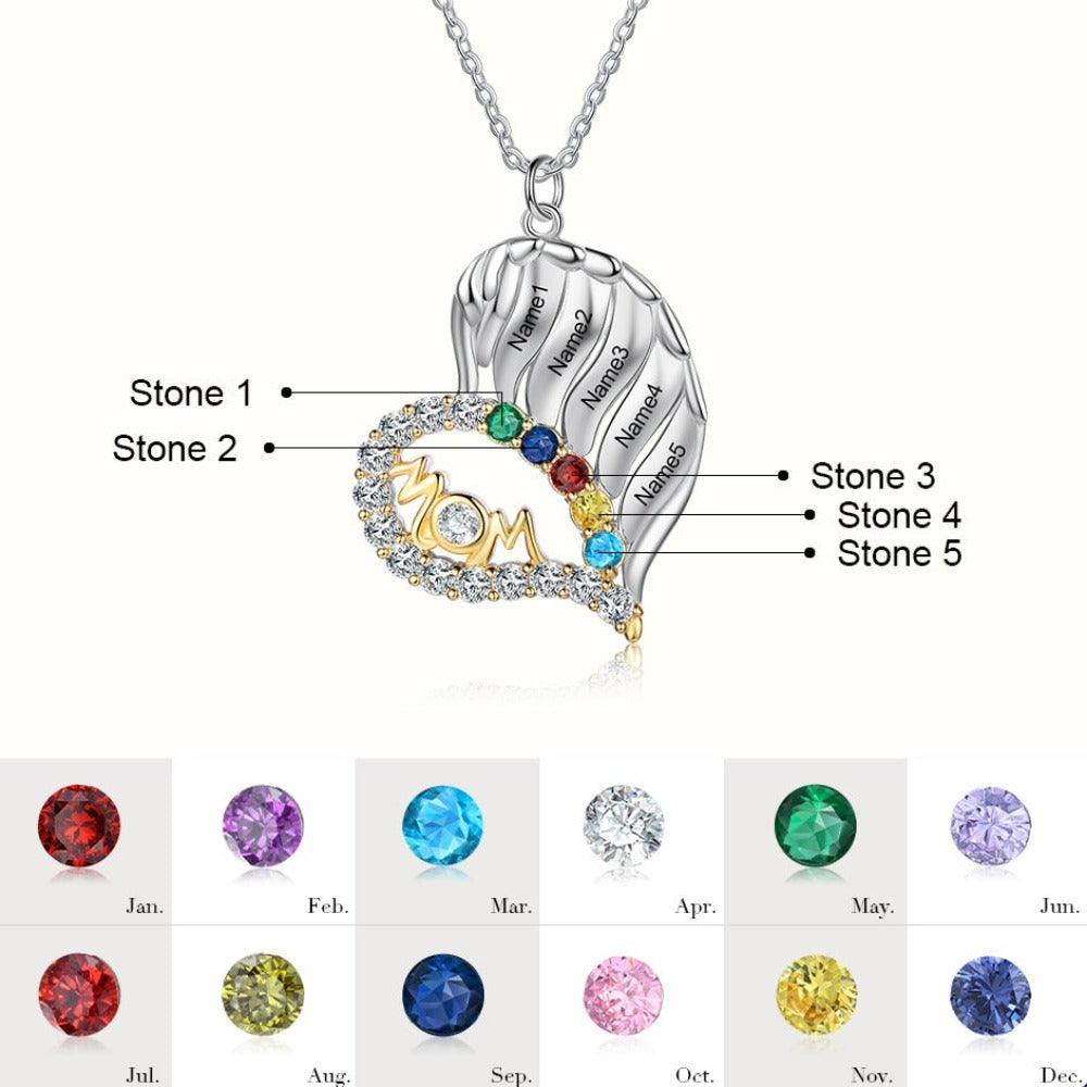 Personalized MOM Heart Silver Pendant Necklace - Five Custom Names & Birthstones - Personalized Jewel
