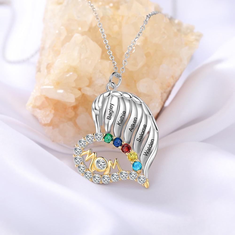 Personalized MOM Heart Silver Pendant Necklace - Five Custom Names & Birthstones - Personalized Jewel