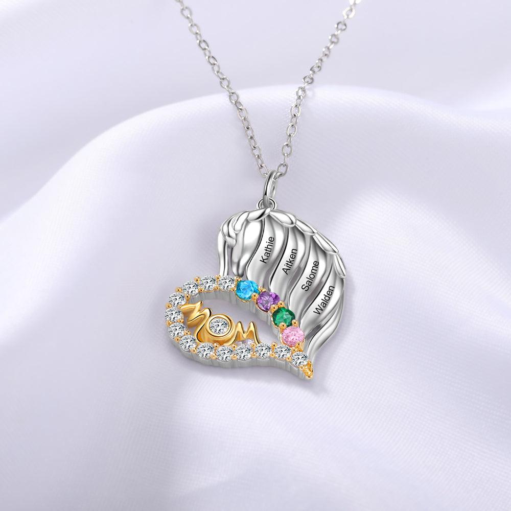Personalized MOM Heart Silver Pendant Necklace - Four Custom Names & Birthstones - Personalized Jewel