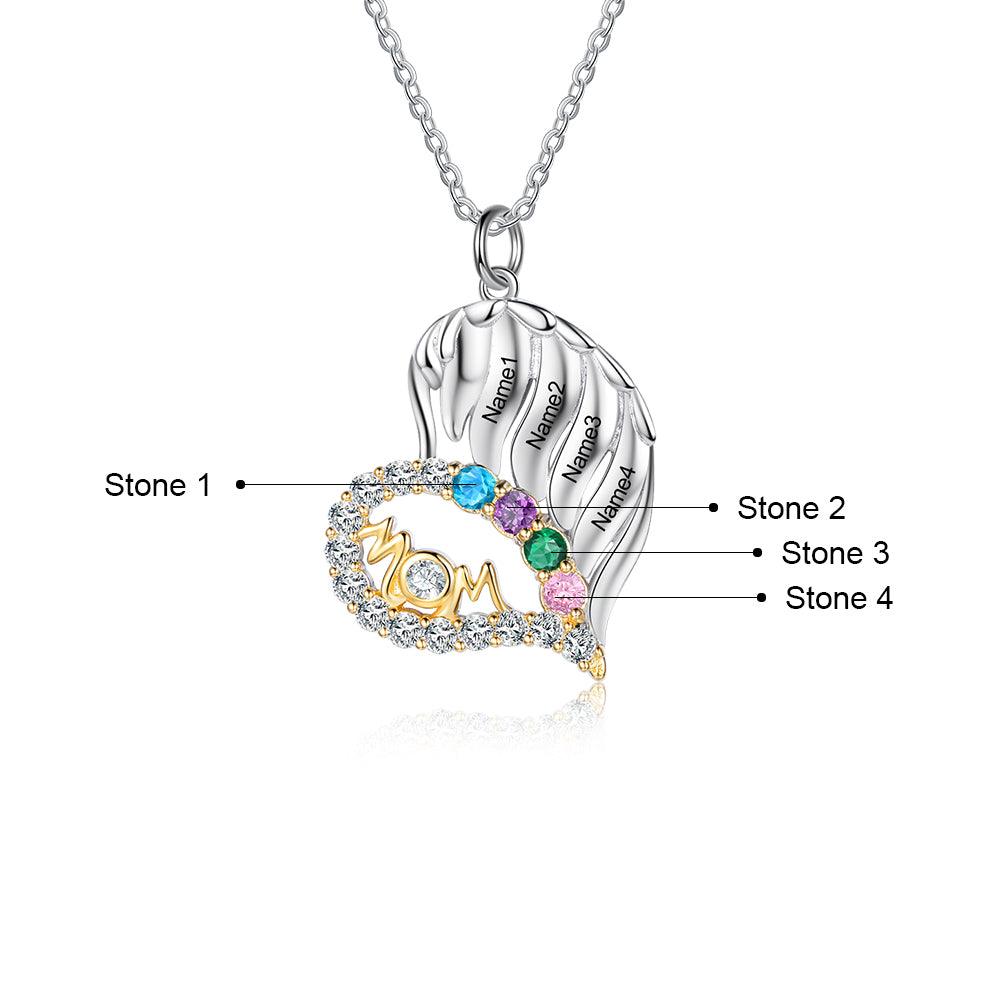 Personalized MOM Heart Silver Pendant Necklace - Four Custom Names & Birthstones - Personalized Jewel