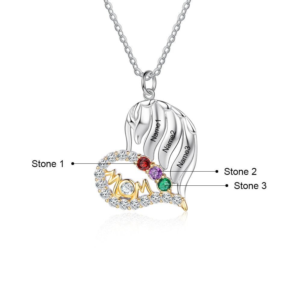 Personalized MOM Heart Silver Pendant Necklace - Three Custom Names & Birthstones - Personalized Jewel