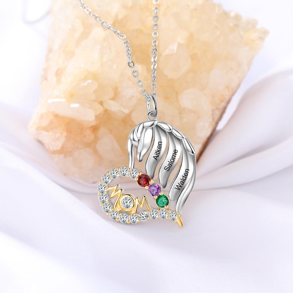Personalized MOM Heart Silver Pendant Necklace - Three Custom Names & Birthstones - Personalized Jewel
