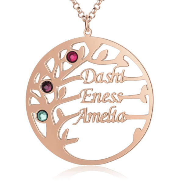 Personalized Mother Daughter Family Tree Necklace with Custom Nameplate & 3 Birthstones - Personalized Jewel