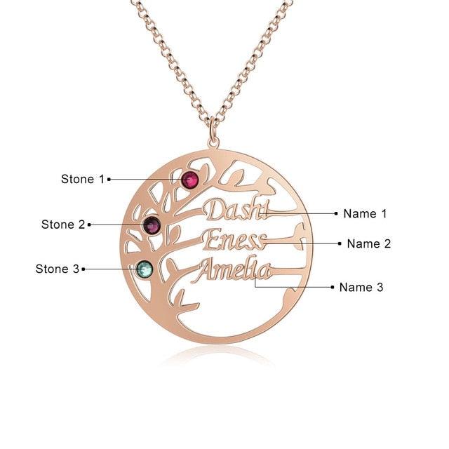 Personalized Mother Daughter Family Tree Necklace with Custom Nameplate & 3 Birthstones - Personalized Jewel