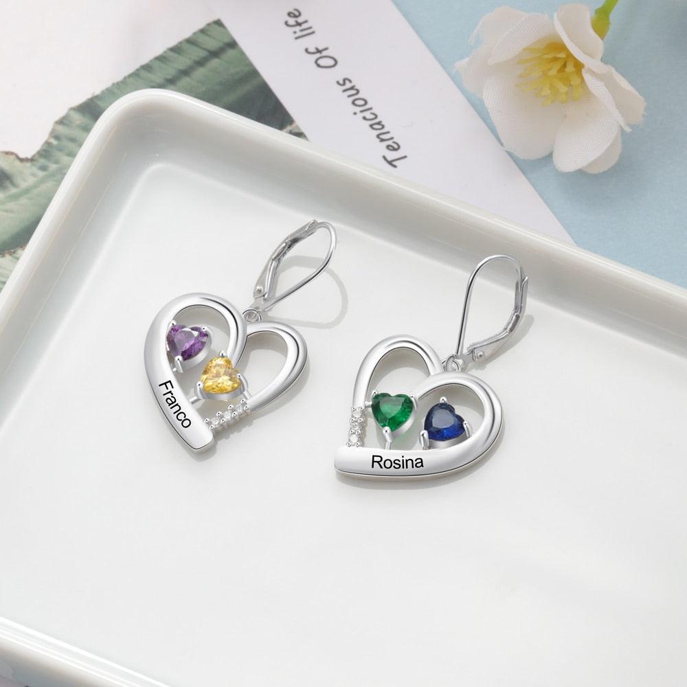 Personalized Name Engraved And 4 Birthstones Earrings for Women - Personalized Jewel
