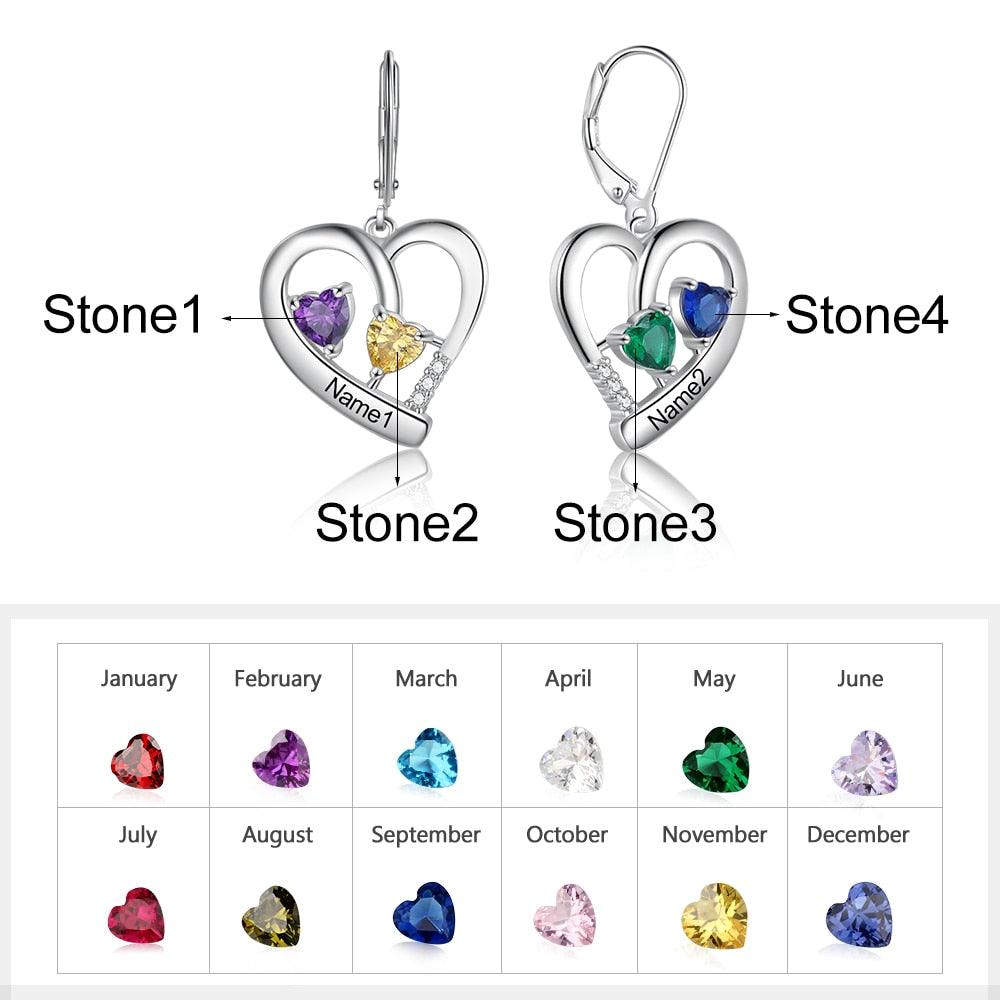 Personalized Name Engraved And 4 Birthstones Earrings for Women - Personalized Jewel