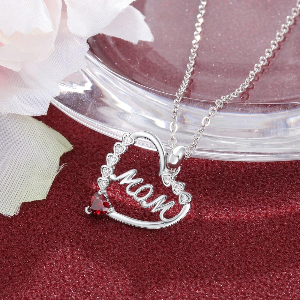 Personalized Necklace With MOM Engraved And Custom Zirconia Birthstone Pendant - Personalized Jewel