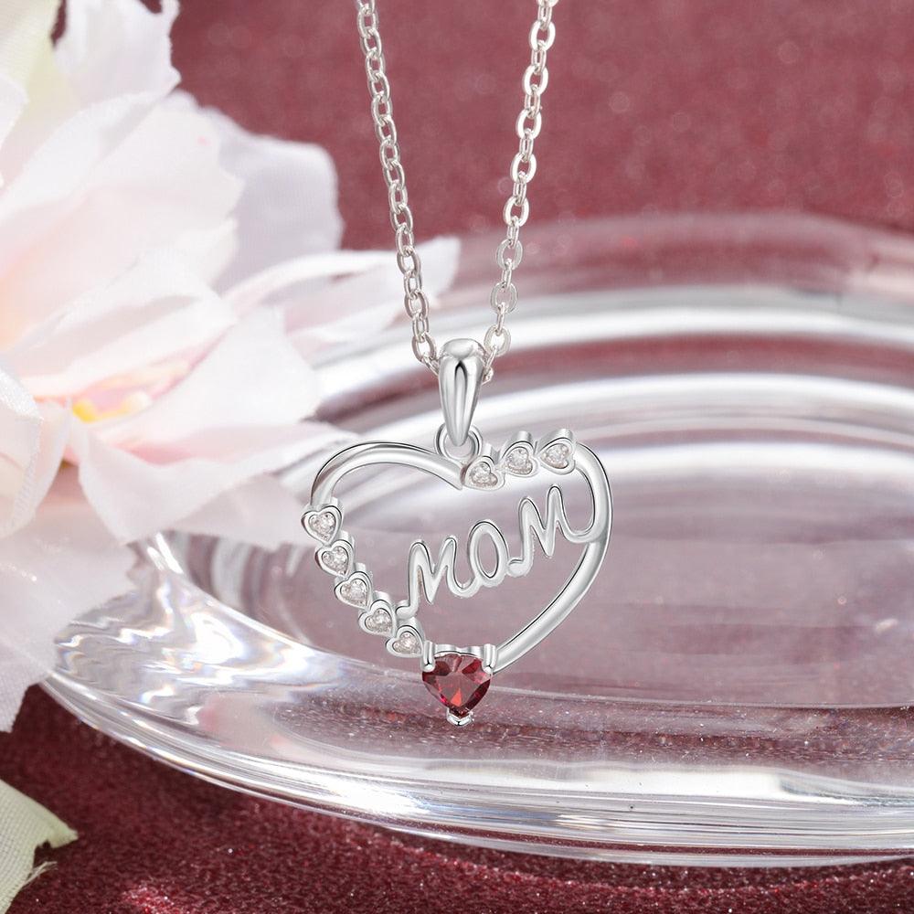Personalized Necklace With MOM Engraved And Custom Zirconia Birthstone Pendant - Personalized Jewel