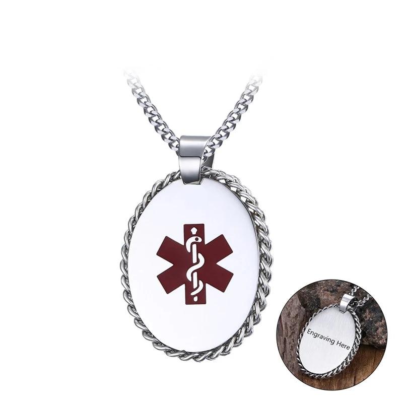 Personalized Pendant Necklace - Medical Alert ID Engraved - Stainless Steel Metal - Customized Gifts - Personalized Jewel