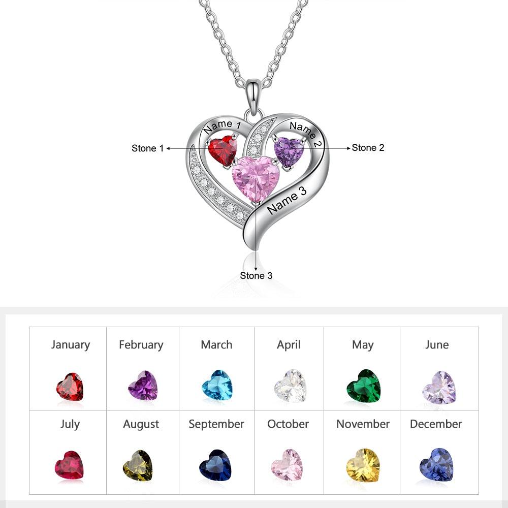 Personalized Romantic Heart Pendant Necklace – 3 Names Engravable With Birthstones - Personalized Jewel