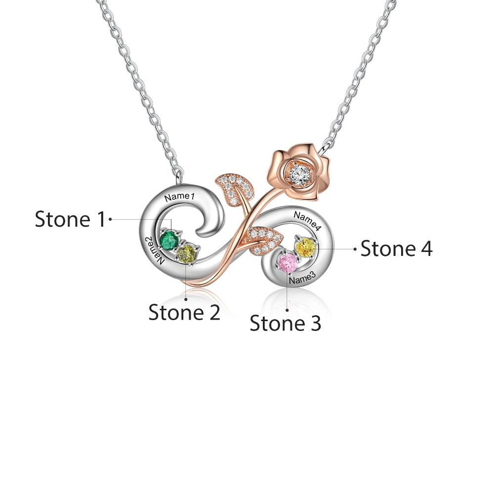 Personalized Rose Flower Silver Pendant Necklace - Four Custom Names & Birthstones - Personalized Jewel