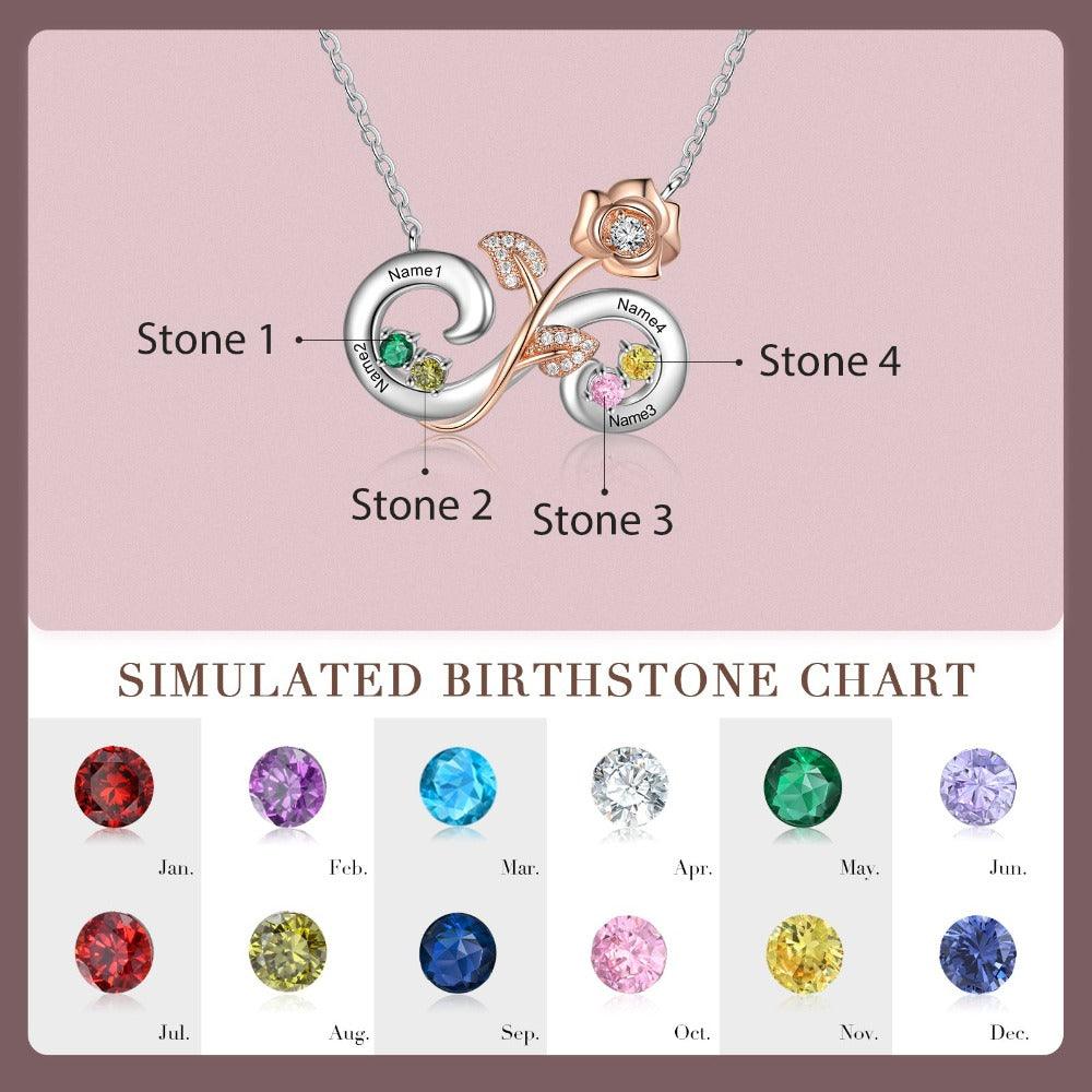 Personalized Rose Flower Silver Pendant Necklace - Four Custom Names & Birthstones - Personalized Jewel