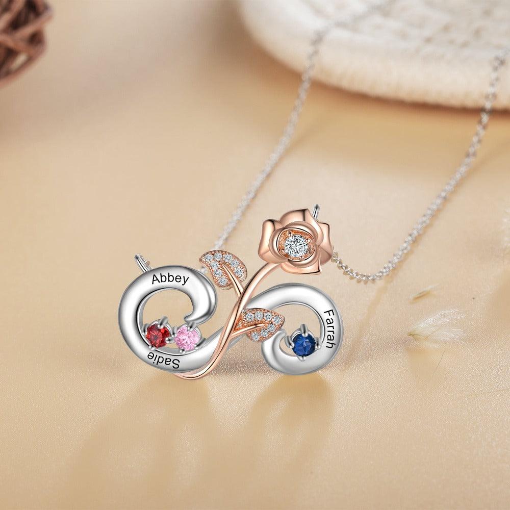Personalized Rose Flower Silver Pendant Necklace - Three Custom Names & Birthstones - Personalized Jewel