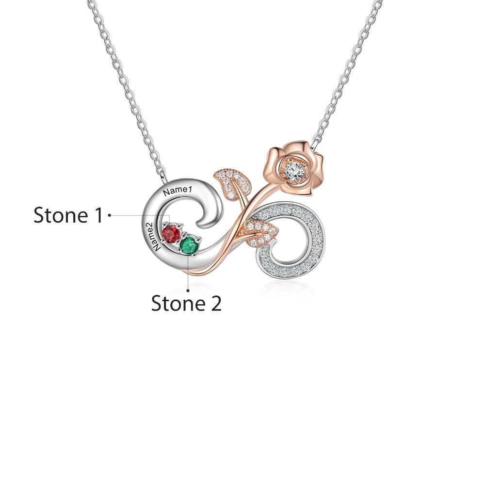 Personalized Rose Flower Silver Pendant Necklace - Two Custom Names & Birthstones - Personalized Jewel