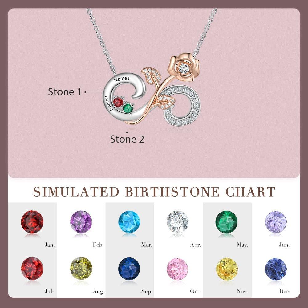 Personalized Rose Flower Silver Pendant Necklace - Two Custom Names & Birthstones - Personalized Jewel
