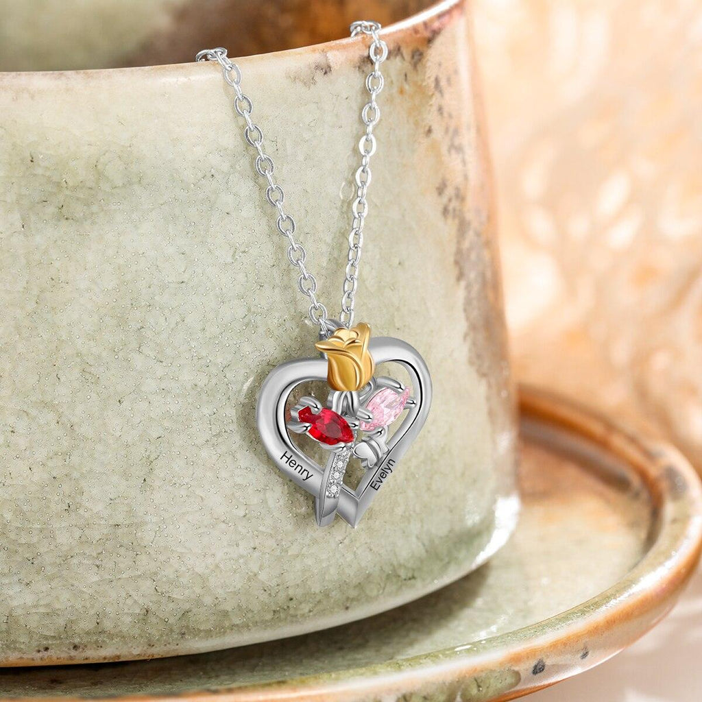 Personalized Rose Heart Birthstone Necklace - Custom Jewelry For Women - Flower Pendant Necklace For Women - Heart Pendant Necklace For Women - Personalized Jewel