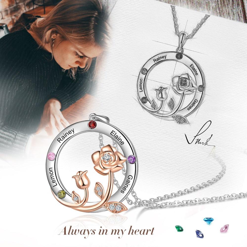 Personalized Roses Circle Silver Pendant Necklace - Four Custom Names & Birthstones - Personalized Jewel