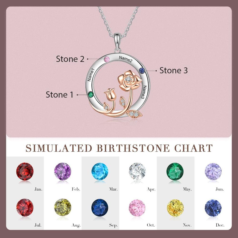 Personalized Roses Circle Silver Pendant Necklace - Three Custom Names & Birthstones - Personalized Jewel