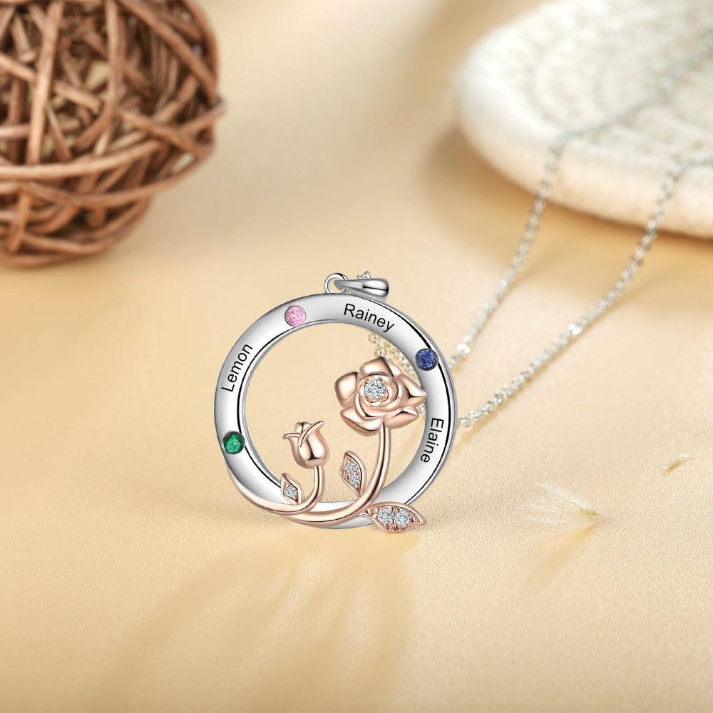 Personalized Roses Circle Silver Pendant Necklace - Three Custom Names & Birthstones - Personalized Jewel
