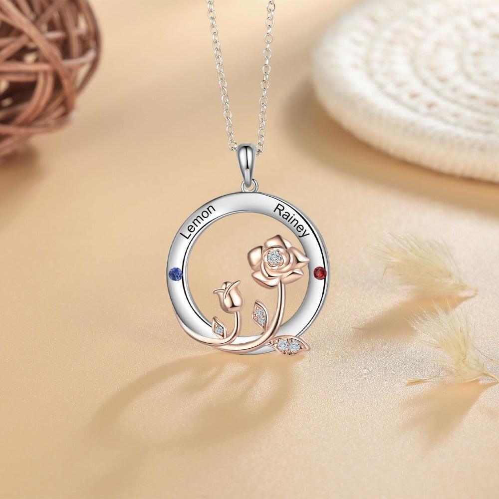 Personalized Roses Circle Silver Pendant Necklace - Two Custom Names & Birthstones - Personalized Jewel