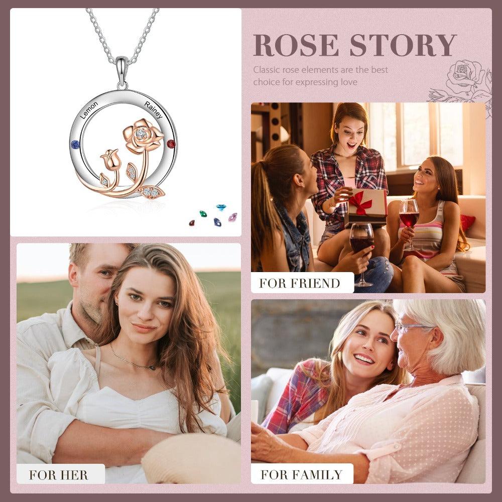 Personalized Roses Circle Silver Pendant Necklace - Two Custom Names & Birthstones - Personalized Jewel