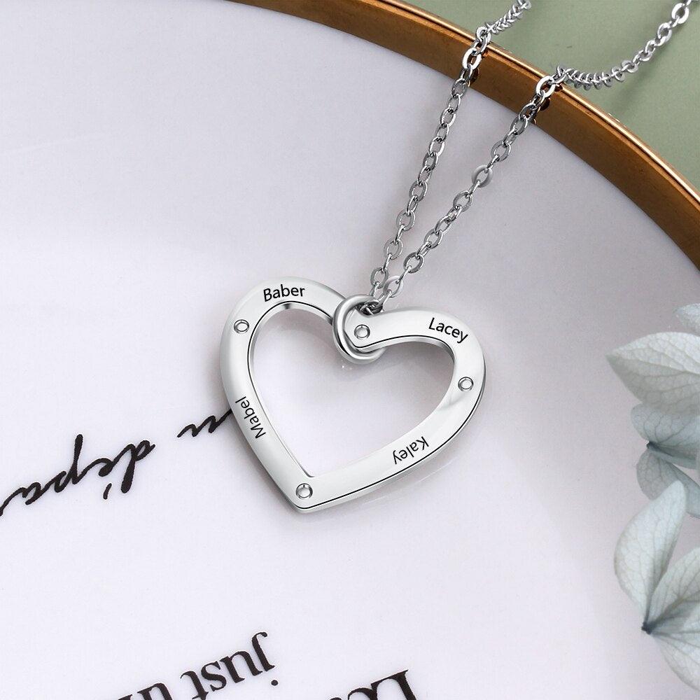 Personalized Silver 4 Name Necklace With Heart Shape Love Pendant, Trendy Jewelry For Women - Personalized Jewel