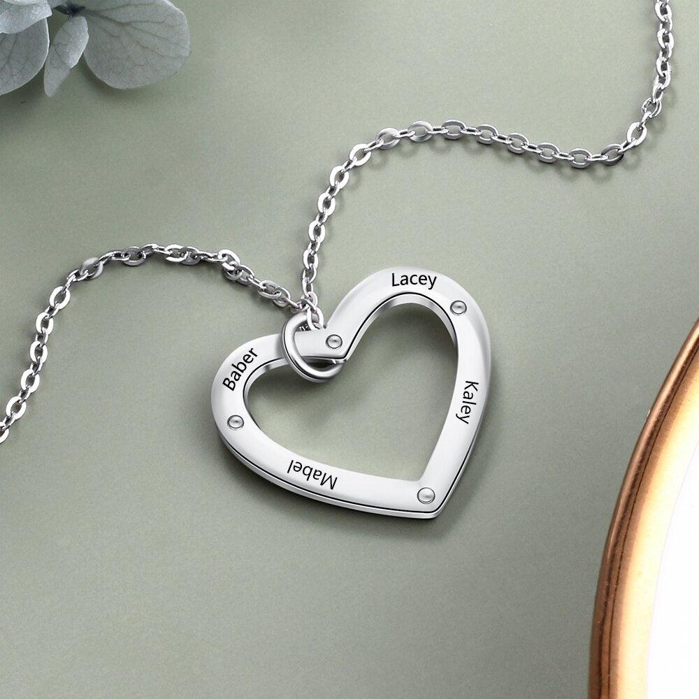 Personalized Silver 4 Name Necklace With Heart Shape Love Pendant, Trendy Jewelry For Women - Personalized Jewel