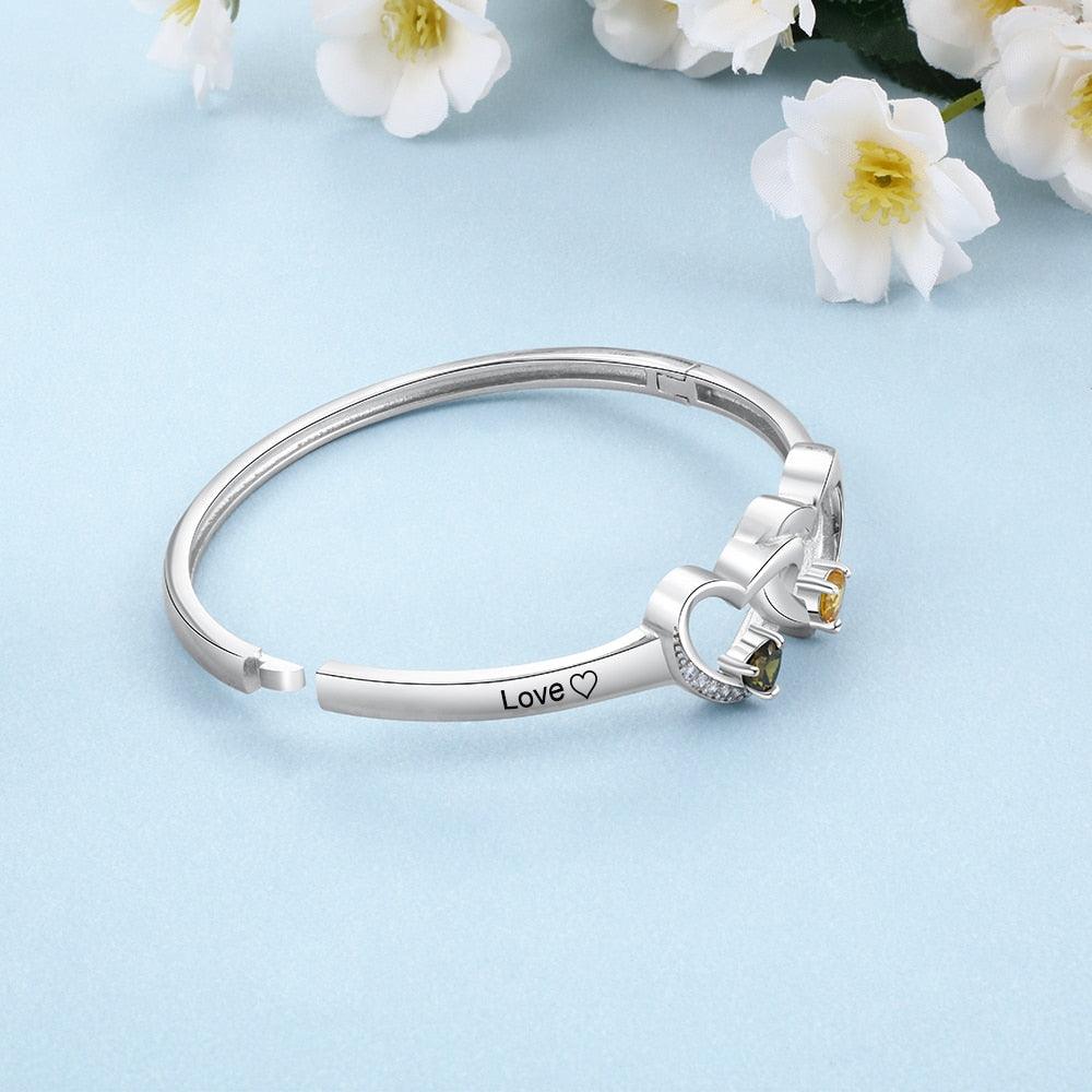 Personalized Silver Color Intertwined Heart with 2 Birthstones Engrave Name Bracelet & Bangle - Personalized Jewel