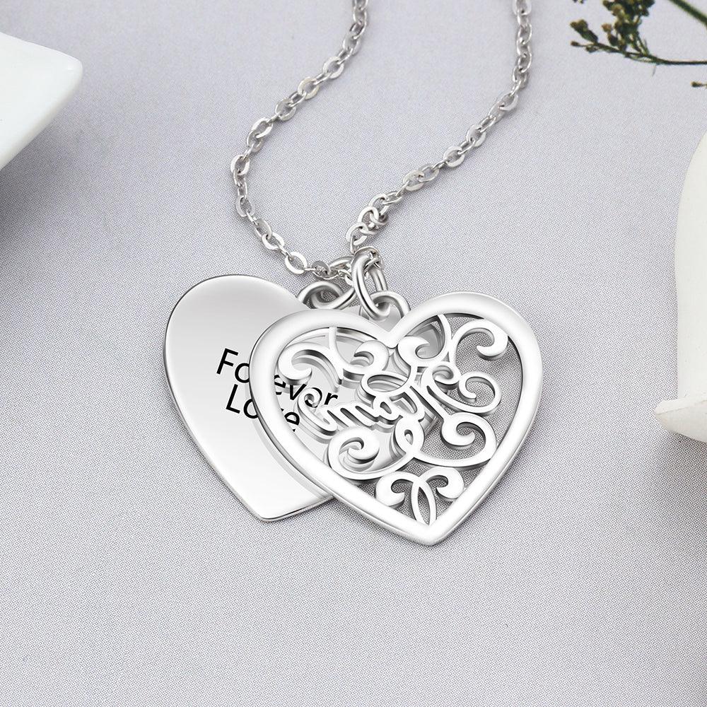 Personalized Silver Engraved Name Necklace With Double Layer Heart Pattern Pendant, Trendy Women's Jewelry - Personalized Jewel