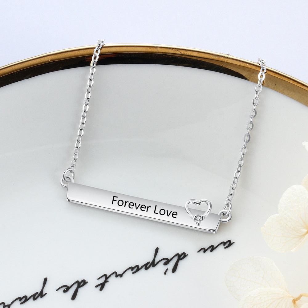 Personalized Silver Engraved Name Necklace With Strip Shaped And Hollow Heart Pendant, Trendy Women's Jewelry With Cubic Zirconia - Personalized Jewel