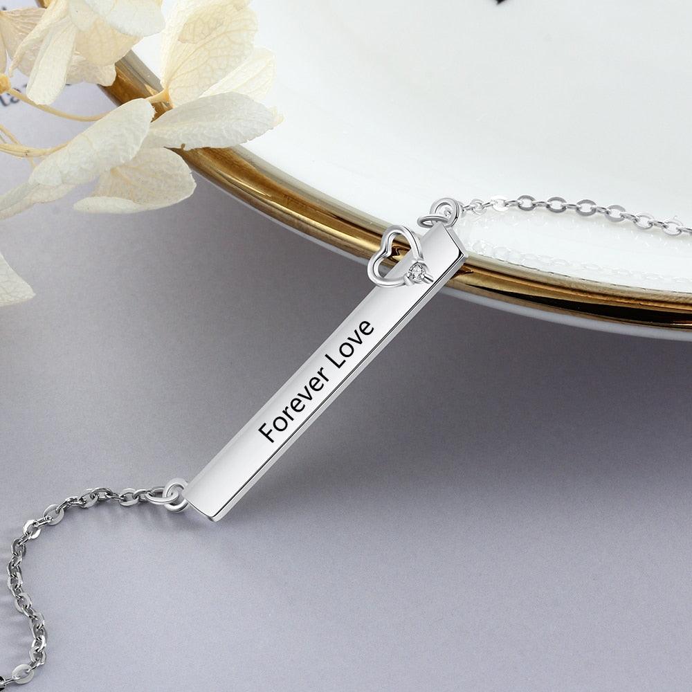 Personalized Silver Engraved Name Necklace With Strip Shaped And Hollow Heart Pendant, Trendy Women's Jewelry With Cubic Zirconia - Personalized Jewel