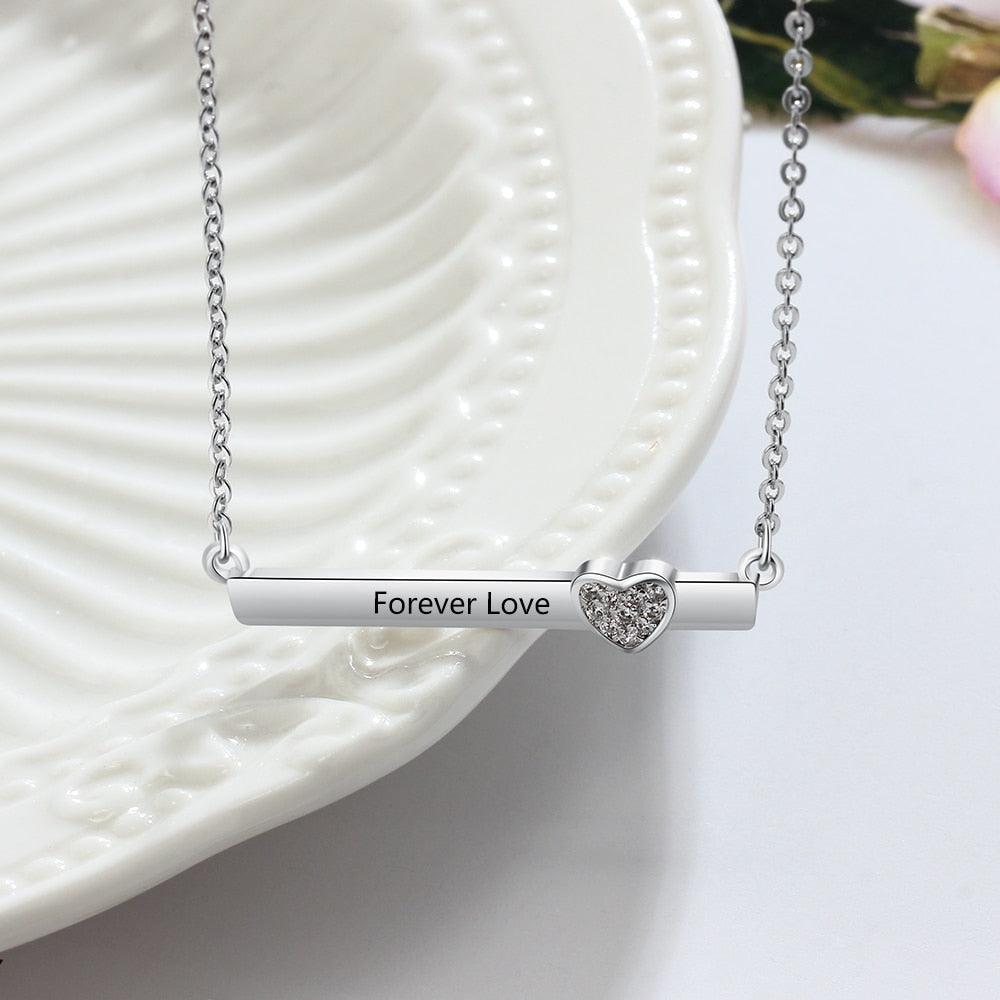 Personalized Silver Name Necklace with Strip with Heart CZ Stone Pendant, Trendy Love Jewelry for Women - Personalized Jewel