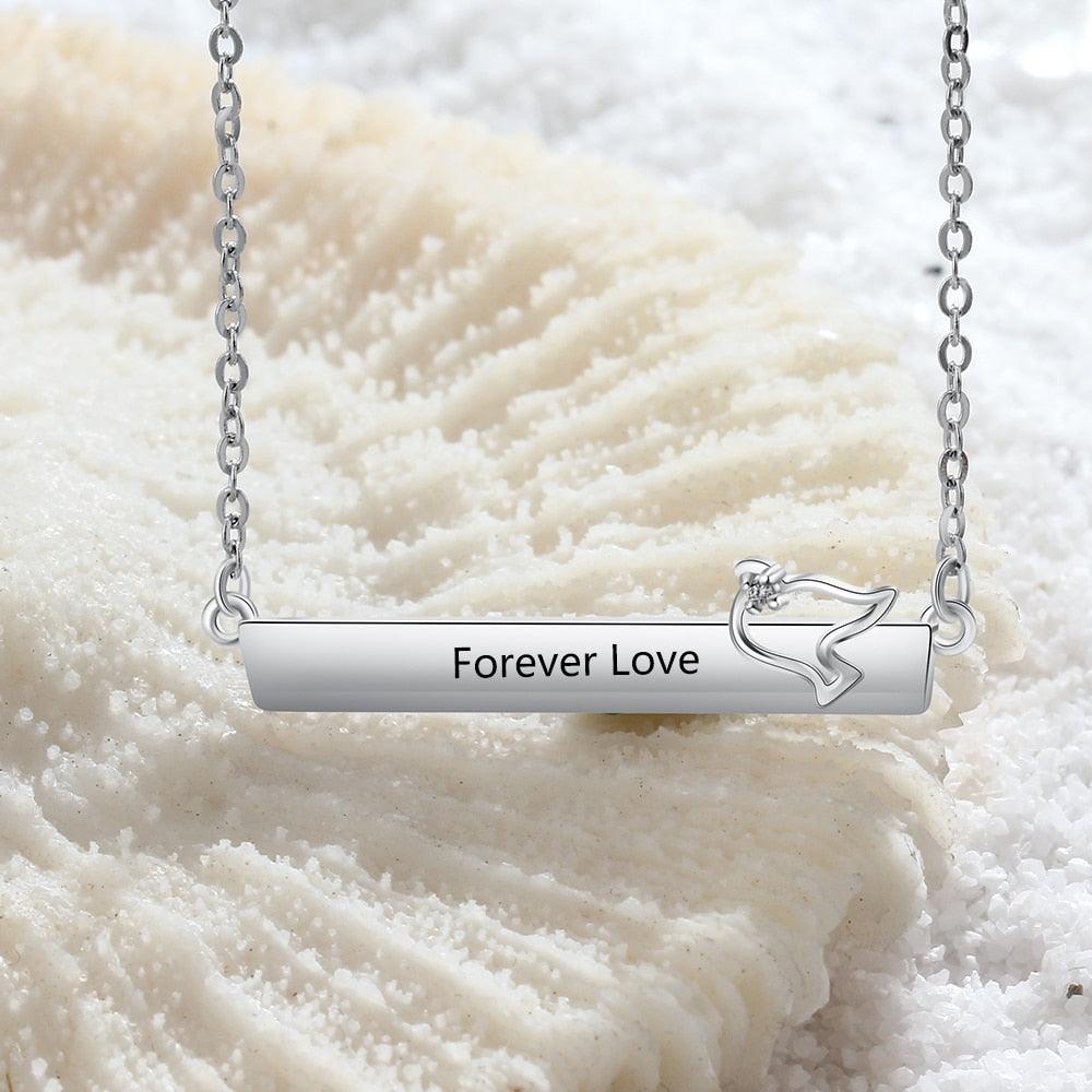 Personalized Silver Necklace for Women with Engrave Name Strip with Bird Pendant, Trendy Jewelry - Personalized Jewel