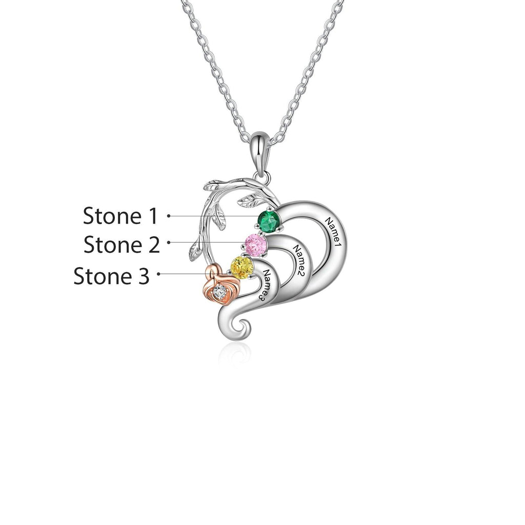 Personalized Silver Pendant Necklace Three Custom Names And Birthstones - Personalized Jewel