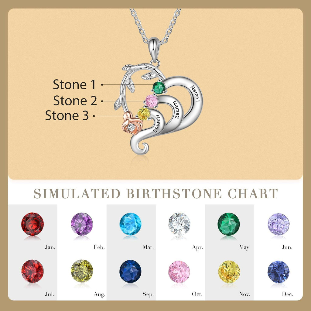 Personalized Silver Pendant Necklace Three Custom Names And Birthstones - Personalized Jewel