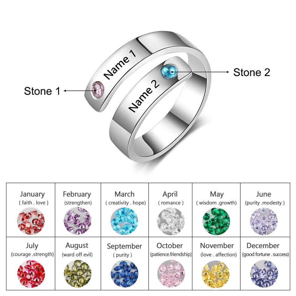 Personalized Silver Ring - Two Custom Names - Two Custom Birthstones -Customized Gifts - Personalized Jewel